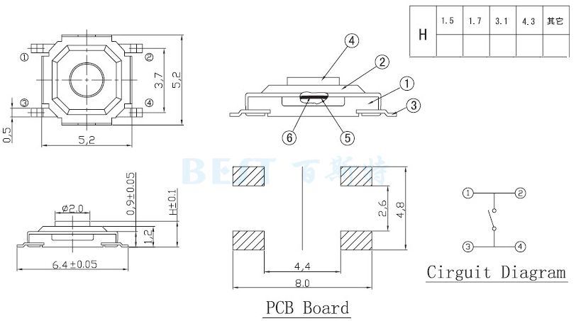 輕觸開關(guān)TS-1187參考圖紙 輕觸開關(guān)TS-1187參考圖紙