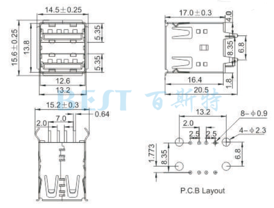 USB插座USB-A2-02參考圖紙 USB插座USB-A2-02參考圖紙