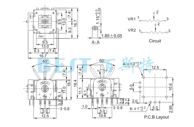 搖桿電位器RJ13-60-B103參考圖紙 搖桿電位器RJ13-60-B103參考圖紙